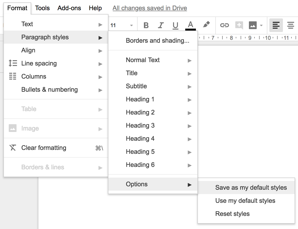 Screenshot of Google Docs menus showing the path to saving default styles